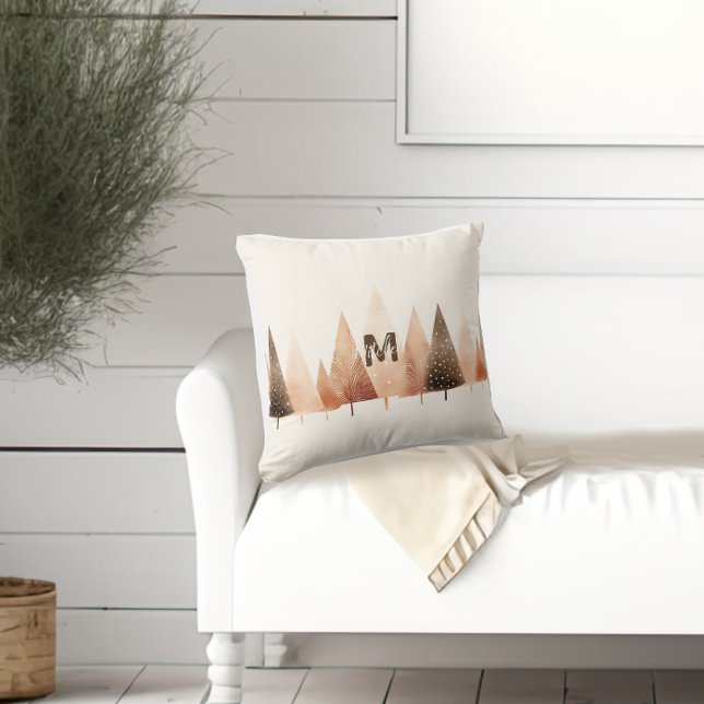 Winter Forest Beige Watercolor Monogram Throw Pillow (Creator Uploaded)