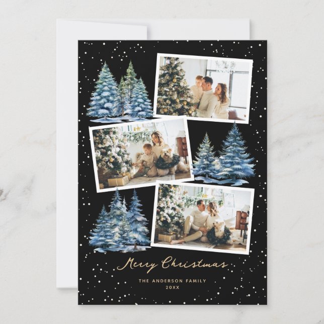 Winter Forest Black Photo Merry Christmas Card (Front)