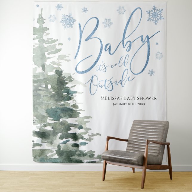 Winter Forest Blue Baby It's Cold Outside Backdrop Tapestry (In Situ)