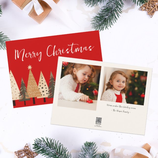 Winter Forest Bright Red Two Photo Christmas Holiday Card (Creator Uploaded)