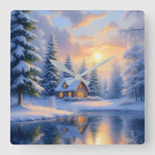Winter Forest Cabin at Sunset Wall  Square Wall Clock