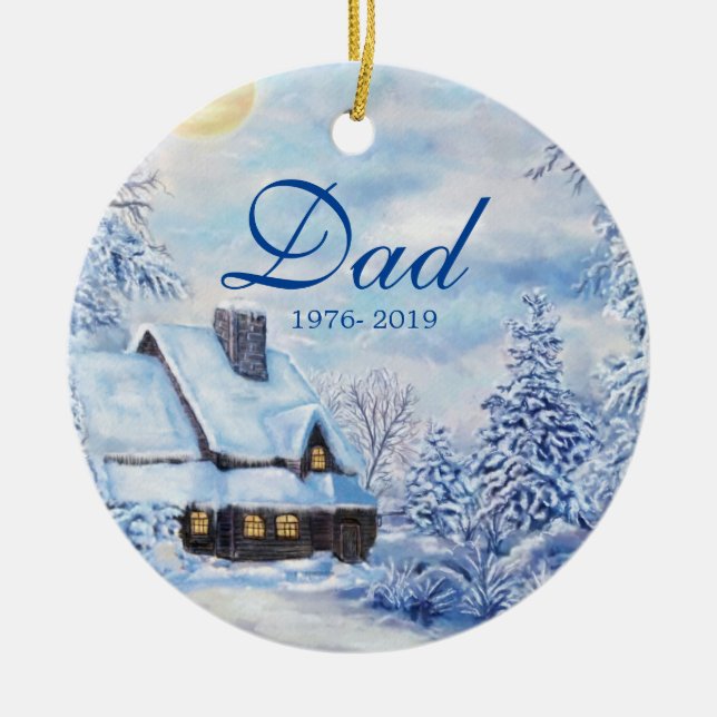 Winter Forest Cabin In Memory Dad Photo Christmas Ceramic Ornament (Front)