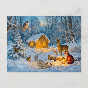 Winter Forest Cottage with Deer, Fox and Owl – Fan Postcard