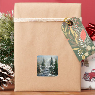 Winter Forest Country River Christmas Square Sticker