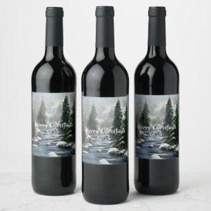 Winter Forest Country River Christmas Wine Label