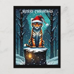Winter Forest Cute Baby Tiger Santa Christmas Postcard