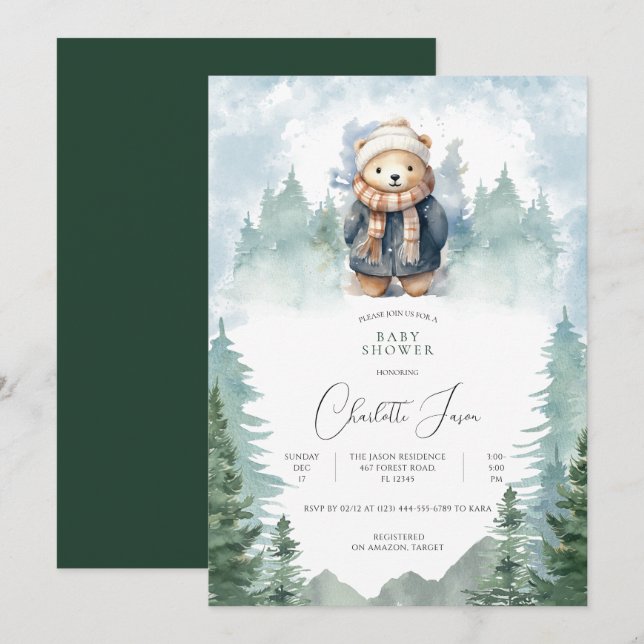 Winter Forest Cute Bear Baby Shower Invitation (Front/Back)