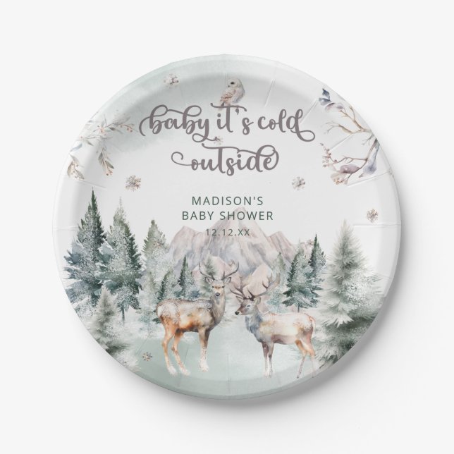 Winter Forest Deer Baby Shower Paper Plat Paper Plate (Front)