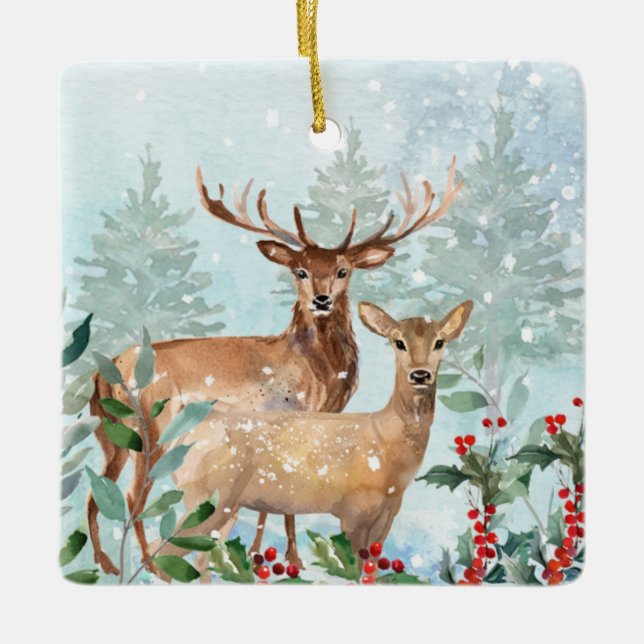 Winter forest, deer, log cabin Ceramic Ornament (Front)