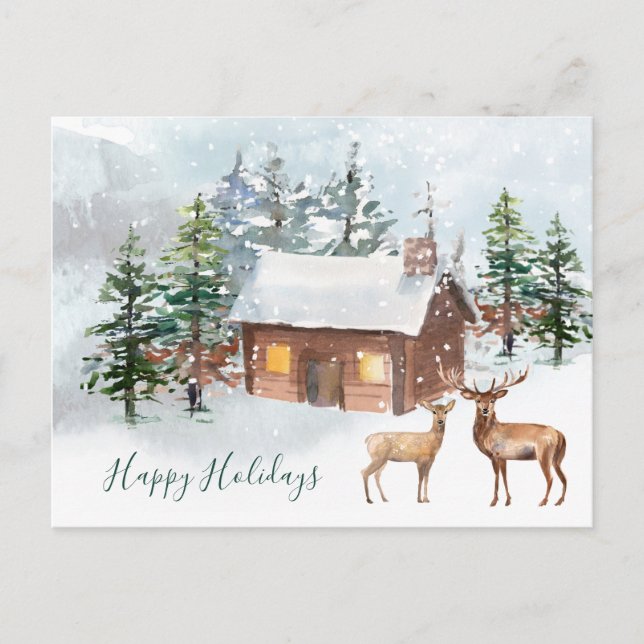 Winter forest, deer, log cabin Christmas Postcard (Front)