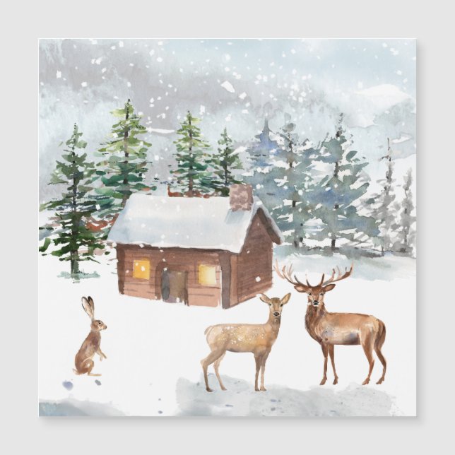 Winter forest, deer, log cabin, hare Magnetic Card (Front)