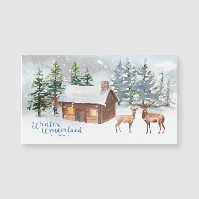 Winter forest, deer, log cabin Magnetic Card (Front)