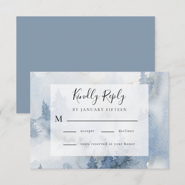 Winter Forest Dusty Blue Watercolor Wedding   RSVP Card (Front/Back)