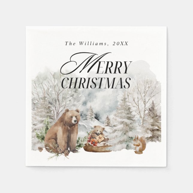 Winter Forest Elegant Watercolor Merry Christmas Napkin (Front)