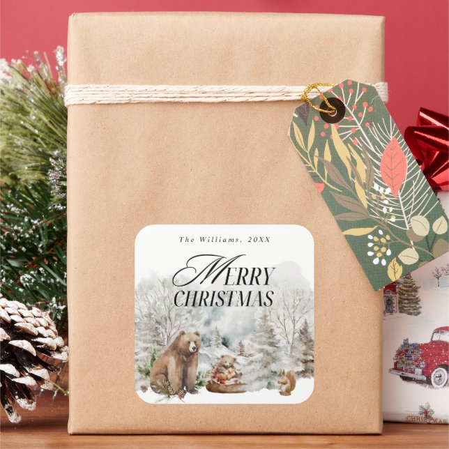 Winter Forest Elegant Watercolor Merry Christmas Square Sticker (Holiday)