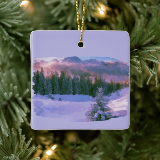Winter Forest Firs Purple Light Reflected On Snow Ceramic Ornament (Tree)