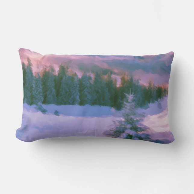 Winter Forest Firs Purple Light Reflected On Snow Lumbar Pillow (Front)