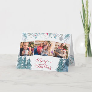Winter Forest Foliage Elegant Script 3 Photo Holiday Card