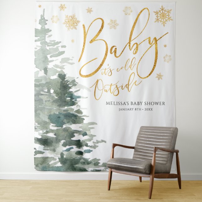 Winter Forest Gold Baby It's Cold Outside Backdrop Tapestry (In Situ)