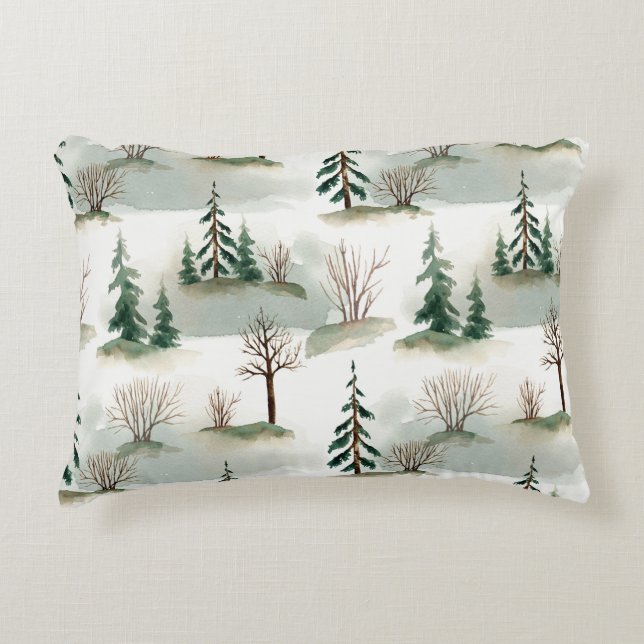 Winter Forest: Hand-Drawn Green Blur Accent Pillow (Front)