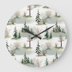 Winter Forest: Hand-Drawn Green Blur Large Clock