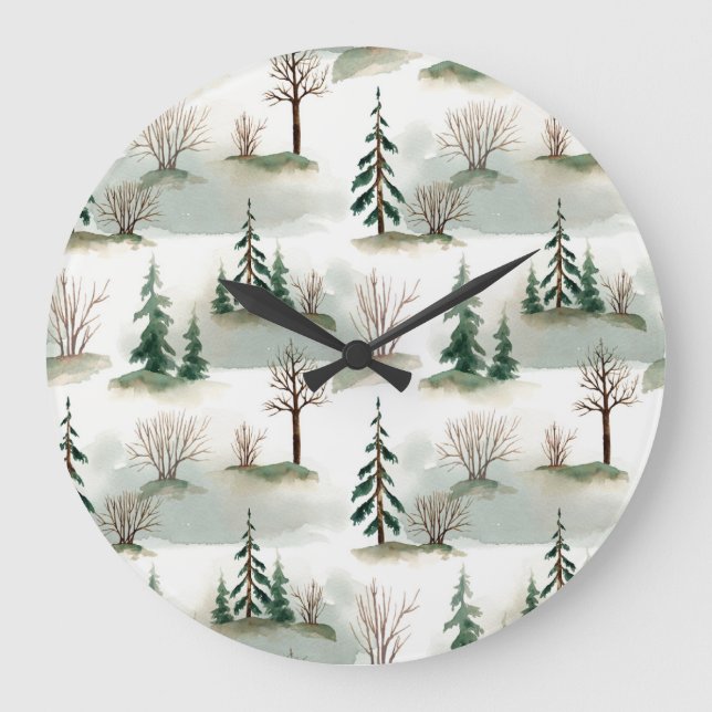 Winter Forest: Hand-Drawn Green Blur Large Clock (Front)