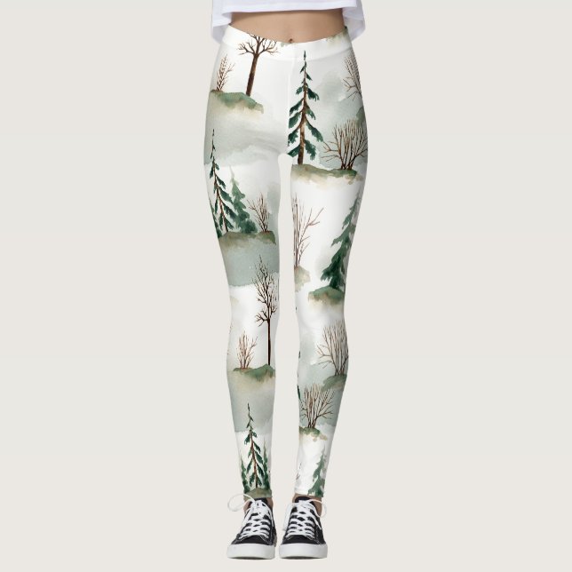 Winter Forest: Hand-Drawn Green Blur Leggings (Front)