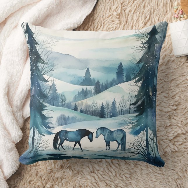 Winter Forest Horses Equestrian Monogram Throw Pillow (Blanket)