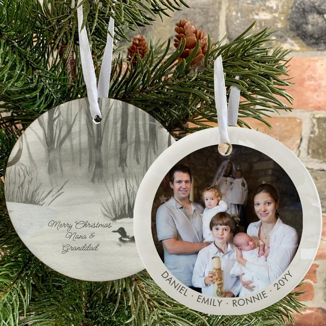 Winter Forest Lake Watercolor Personalized Photo Ceramic Ornament (Creator Uploaded)