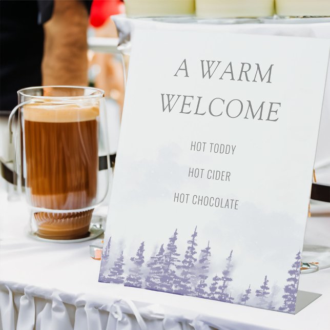 Winter Forest Lavender Wedding Hot Welcome Drinks Pedestal Sign (Hot Welcome Drinks Sign from the Winter Forest Lavender Wedding Collection by Darling & May)
