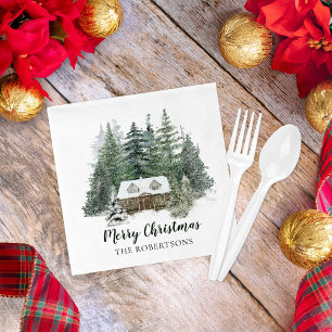 Winter Forest Merry Christmas Rustic Cabin  Napkin