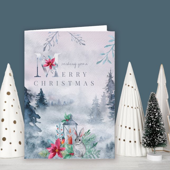 Winter Forest Misty Watercolor Candlelit Lantern Holiday Card (Elegant watercolor Christmas Card. Buy professionally printed or as printable digital download.)