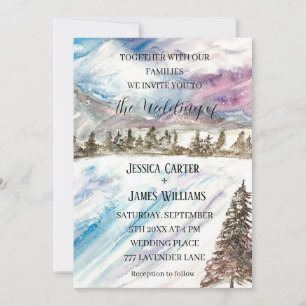 Winter Forest Mountains Pine Trees Blue Wedding Invitation