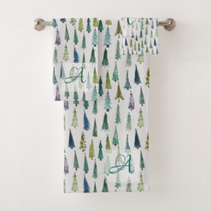Winter Forest Pine Trees Pattern Monogrammed Decor Bath Towel Set