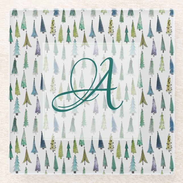 Winter Forest Pine Trees Pattern Monogrammed Decor Glass Coaster (Front)