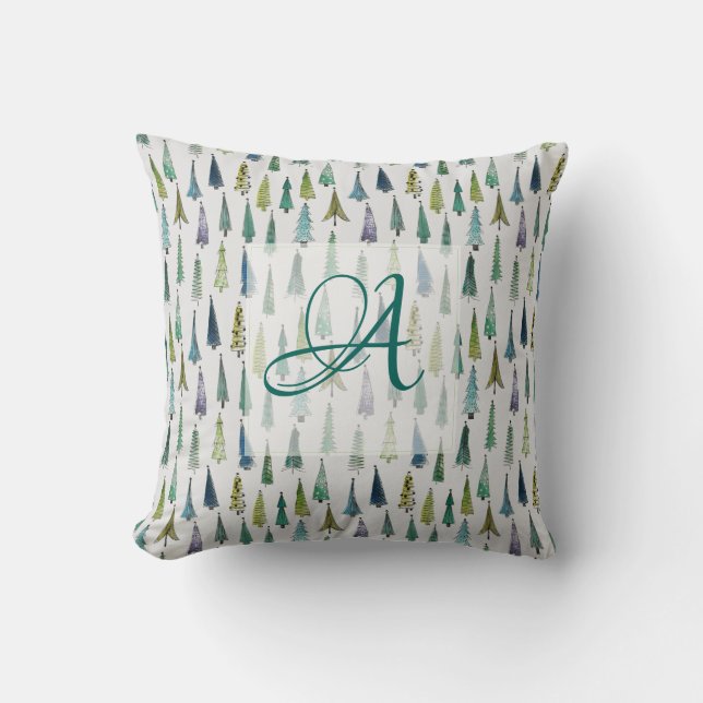 Winter Forest Pine Trees Pattern Monogrammed Decor Throw Pillow (Front)