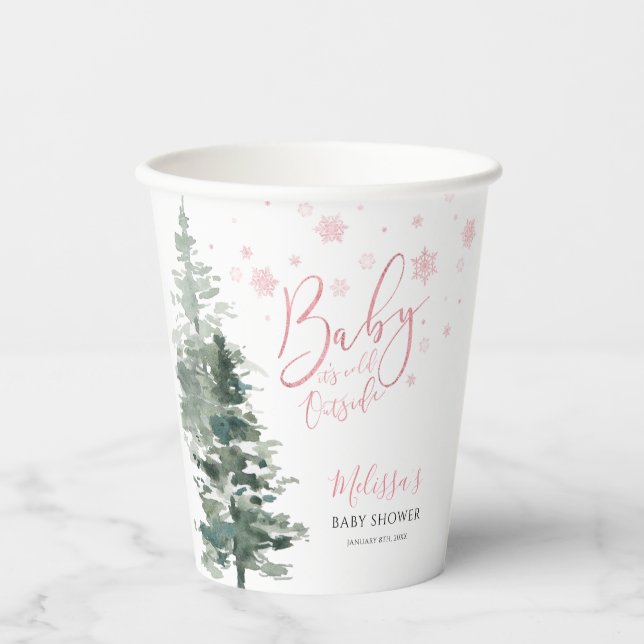Winter Forest Pink It's Cold Outside Baby Shower Paper Cups (Front)