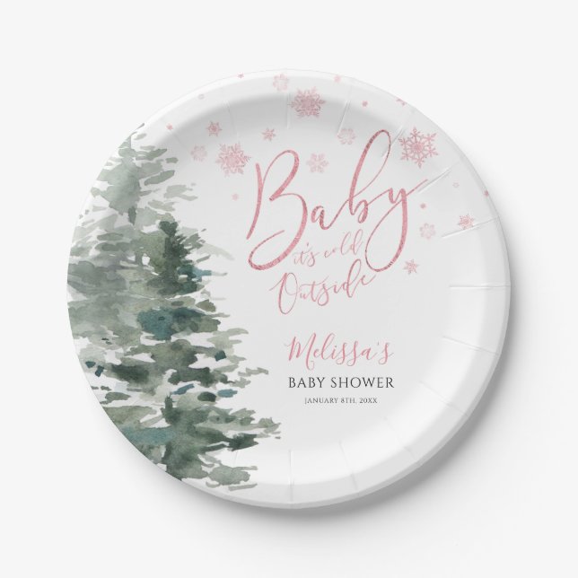 Winter Forest Pink It's Cold Outside Baby Shower Paper Plate (Front)