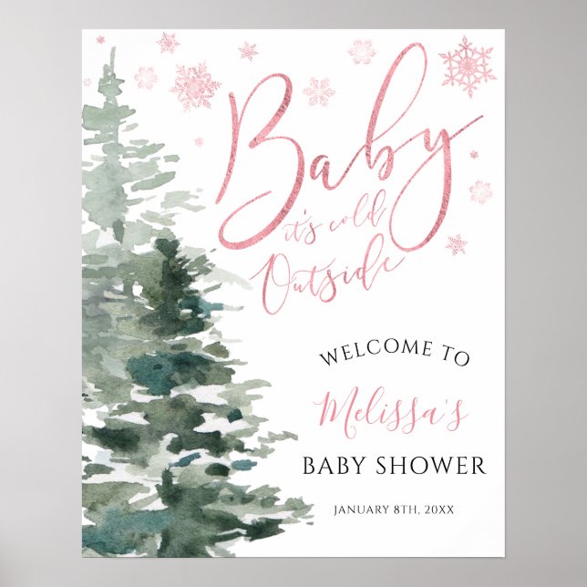 Winter Forest Pink It's Cold Outside Baby Shower Poster (Front)