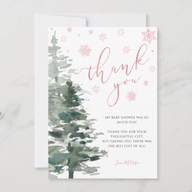 Winter Forest Pink It's Cold Outside Flat Thank You Card (Front)