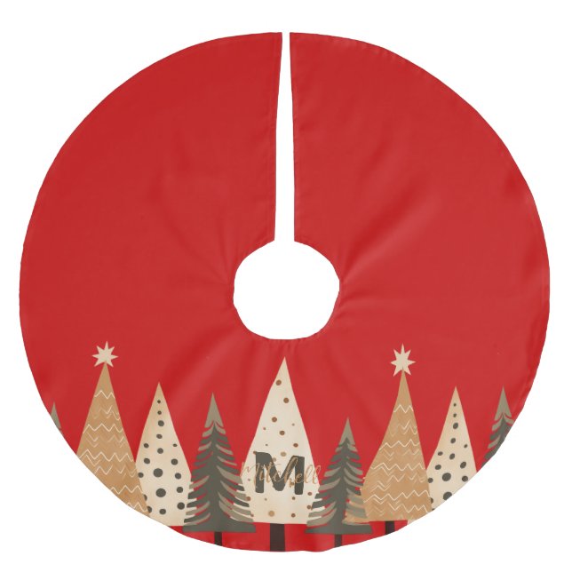 Winter Forest Red Monogram Brushed Polyester Tree Skirt (Front)