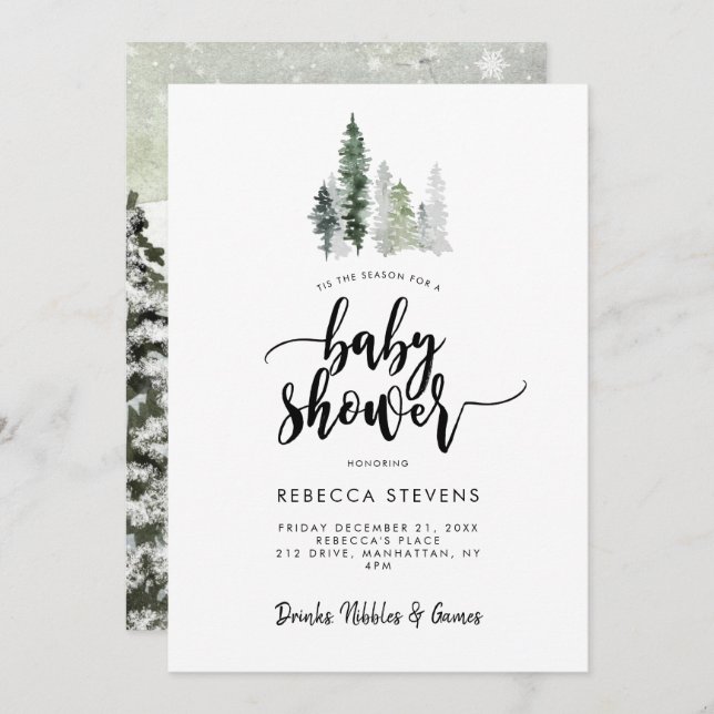 winter forest rustic baby shower invitation (Devant / Derrière)