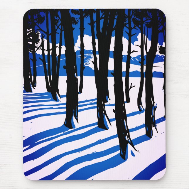 Winter Forest Shadows – Blue Minimal Nature Mouse Pad (Front)