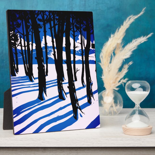 Winter Forest Shadows – Blue Minimal Nature Plaque (Side)
