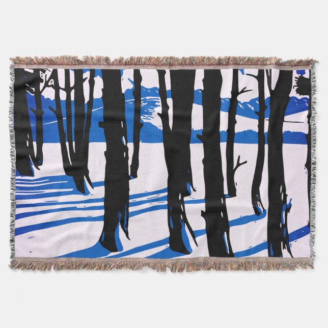 Winter Forest Shadows – Blue Minimal Nature Throw Blanket (Front)