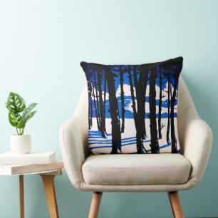 Winter Forest Shadows – Blue Minimal Nature Throw Pillow