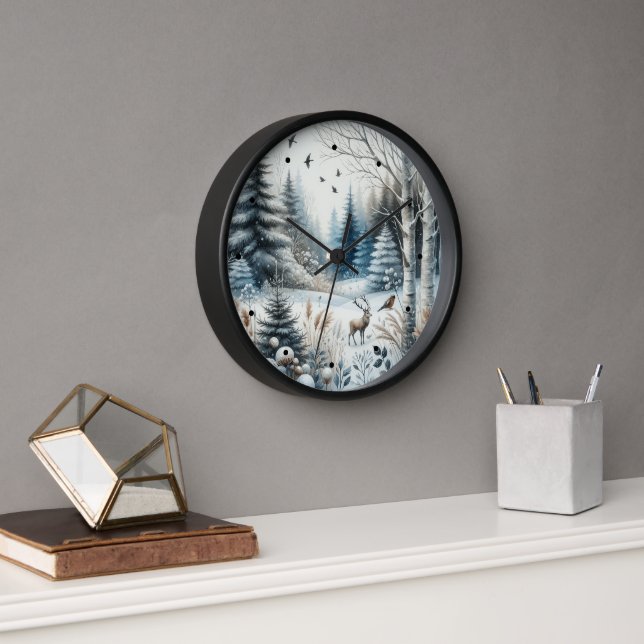 Winter Forest Snow Deer Trees Blue Clock (Office)