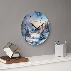 Winter Forest Snow House Trees Blue Pond Large Clock