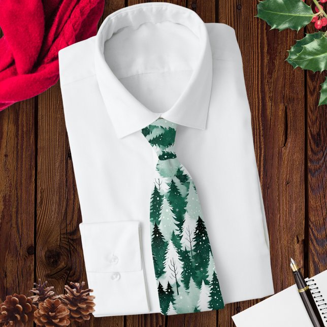 Winter Forest Snow Scene Trees Patterned Christmas Tie (A men's green and white tie with pattern of a winter forest in snow. Ideal for the Christmas season.)