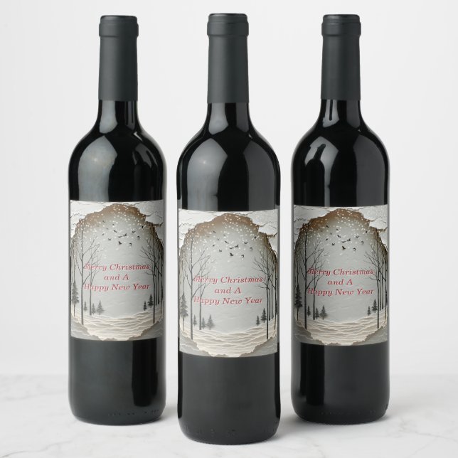 Winter Forest Snowflakes Birds Paper Cut  Wine Label (Bottles)
